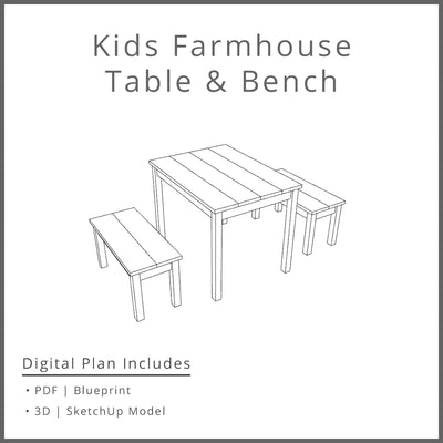 Kids Farmhouse Table with Benches Plan Woodworking Project Plan and 3D SketchUp Model - DIGITAL DOWNLOAD