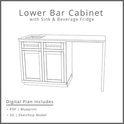 Mini Bar with Sink and Mini Fridge Woodworking Project Plan and 3D SketchUp Model - DIGITAL DOWNLOAD