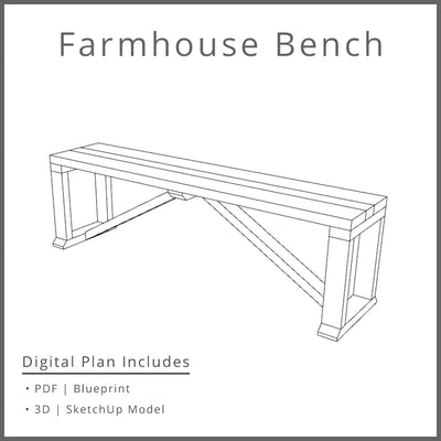 Farmhouse Bench Plan Woodworking Project Plan and 3D SketchUp Model - DIGITAL DOWNLOAD