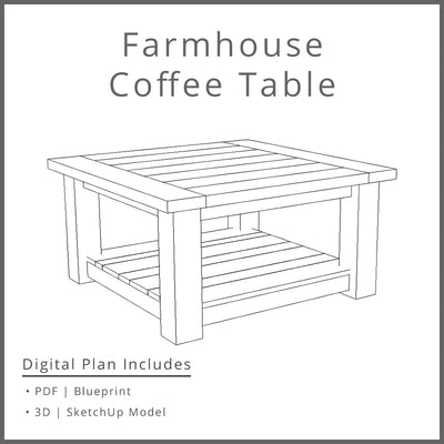 Farmhouse Coffee Table Plan Woodworking Project Plan and 3D SketchUp Model - DIGITAL DOWNLOAD